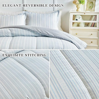 Joyreap 3pcs Cotton Comforter Set King, Light Blue Stripes Stylish Design, Soft Cozy Lightweight Bedding Comforter Set for All Seasons- 100x88 inches