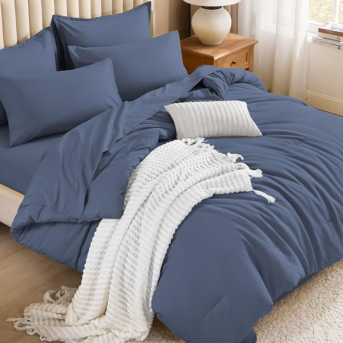 Litanika Twin Comforter Sets Bluish Grey - 5 Pieces Bed in a Bag Beddding Sets, Solid Lightweight Bed Set with Comforter, Sheets, Pillowcase & Sham