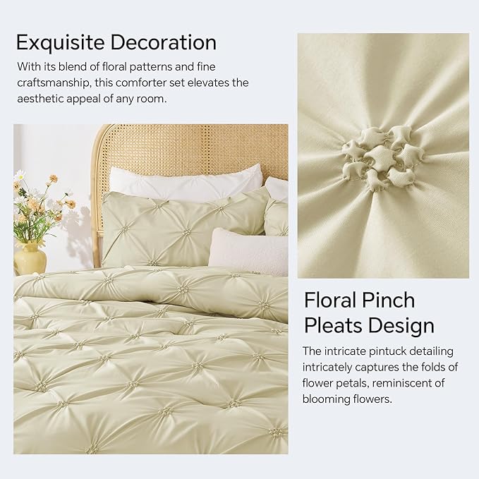 BEDELITE Beige King Size Comforter Set - 3 Pieces Boho Pintuck Bedding Comforter Sets, Lightweight Soft & Warm King Bedding Set with 2 Pillowcases for All Season