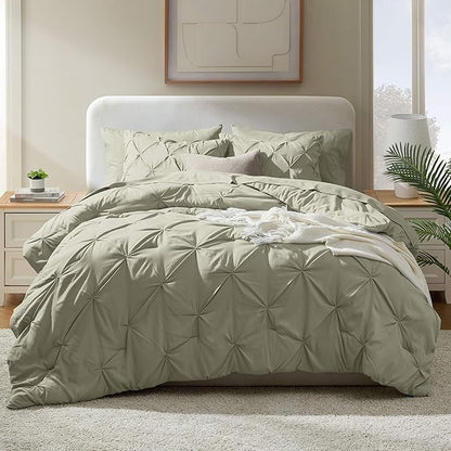 Nestl Queen Comforter Set 7 Piece - Pinch Pleated Comforters Queen Size Light Sage, Bed in a Bag Queen All Season, Queen Size Comforter Set Bedding with Flat Sheet, Fitted Sheet, Pillowcases and Shams