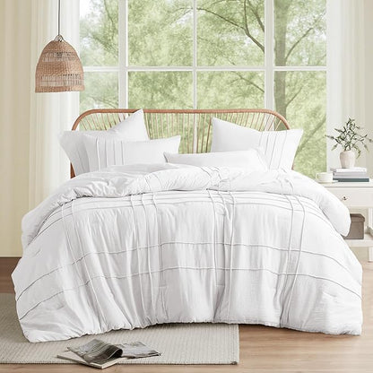 Comfort Spaces White Twin Size Comforter Set - 2 Pieces Pintuck Pleated Bedding Sets, All Season Lightweight, Extra Softness Pre-Washed Microfiber Bed Set, Shams