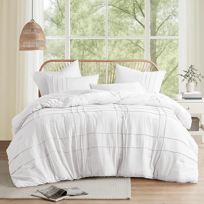 Comfort Spaces White King Size Comforter Set - 3 Piece Pintuck Pleated Bedding Set, All Season Lightweight, Extra Softness Pre-Washed Microfiber Bed Set, Shams