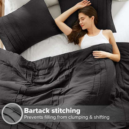 Comfort Spaces Black Queen Size Comforter Set - 3 Pieces Pintuck Pleated Bedding Sets Queen, All Season Lightweight, Extra Softness Pre-Washed Microfiber Queen Bed Set, Shams, Full/Queen