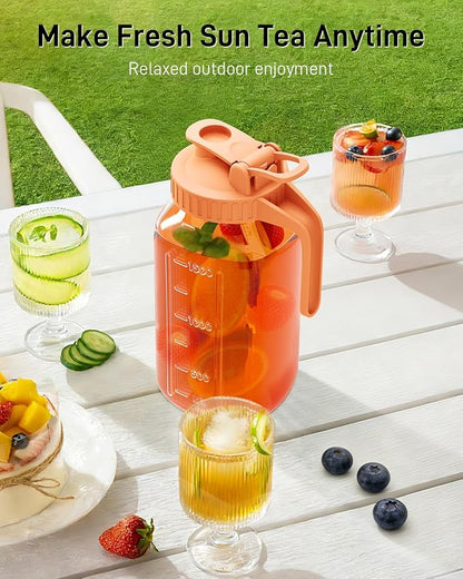 64 oz Glass Pitcher with Lid, Large Wide Mouth Mason Jar with Pour Spout, Orange Sun Tea Glass Jar for Outside, Lemonade Pitcher Great for Drink, Cold Beverages and Breast Milk