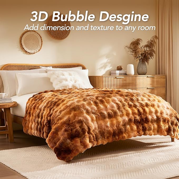 L'AGRATY Faux Fur Throw Blanket: 50" x 60" Luxury Soft Fluffy Thick Rabbit Fur Blankets for Couch Bed Sofa - Cozy Plush Bubble Blankets for Home Decor: Warm Flannel Fleece Decorative Blanket