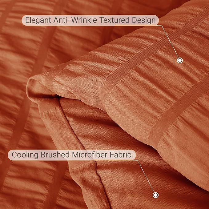 MUXHOMO 7 Pieces King Comforter Set, Seersucker Bed in a Bag King Size, All Season Luxury Bedding Set with Comforter, Flat Sheet, Fitted Sheet, Pillowcases & Shams, Burnt Orange