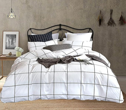 KAREVER White Grid Comforter Set Big Grid Bedding Set Full White Black Plaid Printed Stripes Women Checkered Comforters Bedding Set Girls White Grid Bed Blanket Set White Plaid Full Comforter