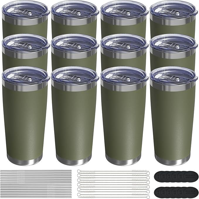 Travel Coffee Tumbler 20oz, 12 Pack Leakproof Travel Coffee Mug with Lid and Straw, Stainless Steel Double Wall Vacuum Insulated Tumbler for Hot/Iced Drinks (Army Green, Textured Matte)