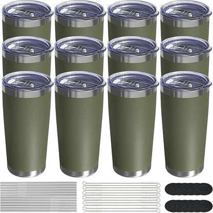 Travel Coffee Tumbler 20oz, 12 Pack Leakproof Travel Coffee Mug with Lid and Straw, Stainless Steel Double Wall Vacuum Insulated Tumbler for Hot/Iced Drinks (Army Green, Textured Matte)