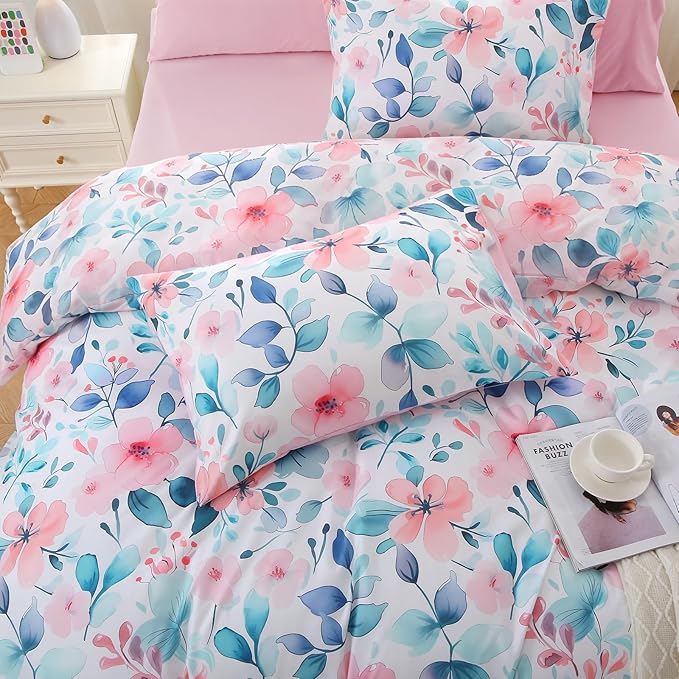 MUXHOMO Pink Blue Branch Full Comforter Set, Elegant Floral Print Bed in a Bag 7 Pieces, Ultra Soft & Breathable Reversible Botanical Pattern Bedding Set with Comforter, Sheets, Pillowcases, and Shams