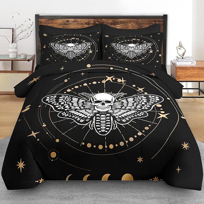 Comforter Set Twin Size, Moth Dead Sun Moon 5 Pcs Bedding for Adults, Animal Butterfly Bed Sheet Sets with Fitted Sheet Pillowcase & Sham for Bedroom Bed Decor