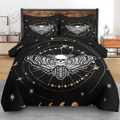 Comforter Set Twin Size, Moth Dead Sun Moon 5 Pcs Bedding for Adults, Animal Butterfly Bed Sheet Sets with Fitted Sheet Pillowcase & Sham for Bedroom Bed Decor