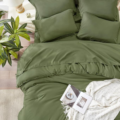 Andency Full Size Comforter Set with Sheets Olive Green -7 Pieces Bed in a Bag Boho Tassel Bedding Sets, All Season Fringe Bed Set with Comforter, Sheets, Pillowcases & Shams