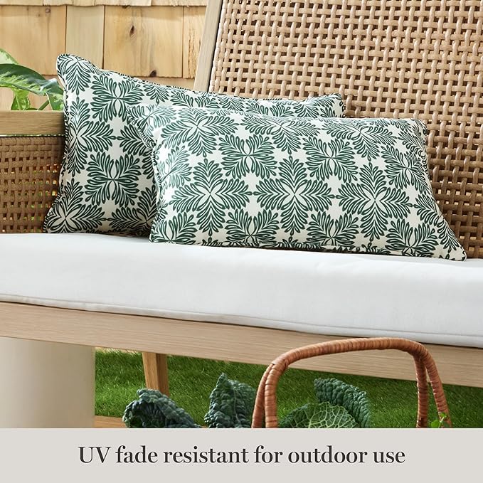 Martha Stewart Tulum Indoor Outdoor Decorative Lumbar Pillow 2-Pack Set, UV Fade Resistant, Water Repellent, Printed Modern Design, Green, 11"x18"