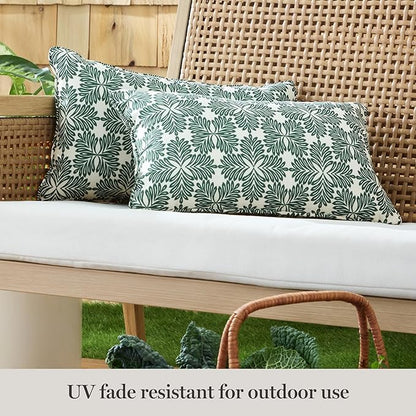 Martha Stewart Tulum Indoor Outdoor Decorative Lumbar Pillow 2-Pack Set, UV Fade Resistant, Water Repellent, Printed Modern Design, Green, 11"x18"