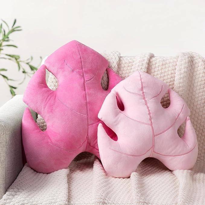 AELS Set of 2 3D Leaves Decorative Valentine Throw Pillows, 18" & 14" Monstera Deliciosa Plush Pillow Set for Plant Lovers Garden Lovers, Living Room Bedroom Nursery Decor, Pale Pink & Hot Pink