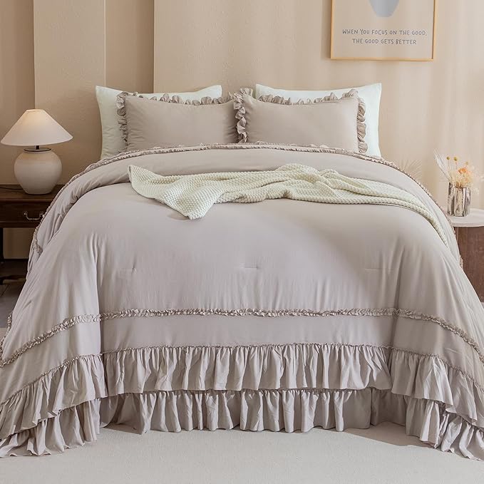 QSH Taupe Oversized California King Ruffled Bed Comforter Set 128x120, Farmhouse Vintage Chic Comforter French Country Shabby Bedding Comforter Soft Microfiber Fluffy Bedding 3 PCs