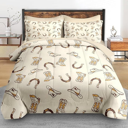 Comforter Set Full Size, Vintage Cowgirl Cowboy 7 Pcs Bedding for Kids and Adults, Retro Western Horseshoe Bed Sheet Sets with Fitted Sheet 2 Pillowcases & 2 Shams