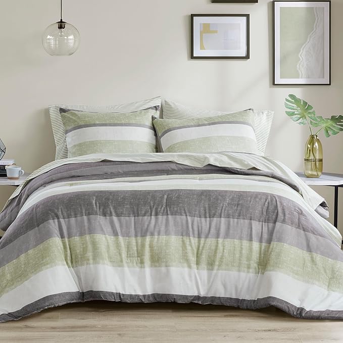 Madison Park Essentials Jaxon Twin Comforter Set, Bed in A Bag Comforter & Sheet Set, Modern Casual Stripes Print, All Seasons, Soft Bedding Makeover, Matching Sham, Twin Green/Grey 5 Piece