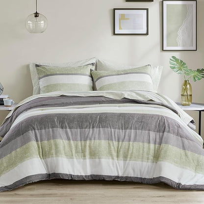 Madison Park Essentials Jaxon Cal King Comforter Set, Bed in A Bag Comforter & Sheet Set, Modern Casual Stripes Print, All Seasons, Soft Bedding Makeover, Matching Sham, Cal King Green/Grey 7 Piece