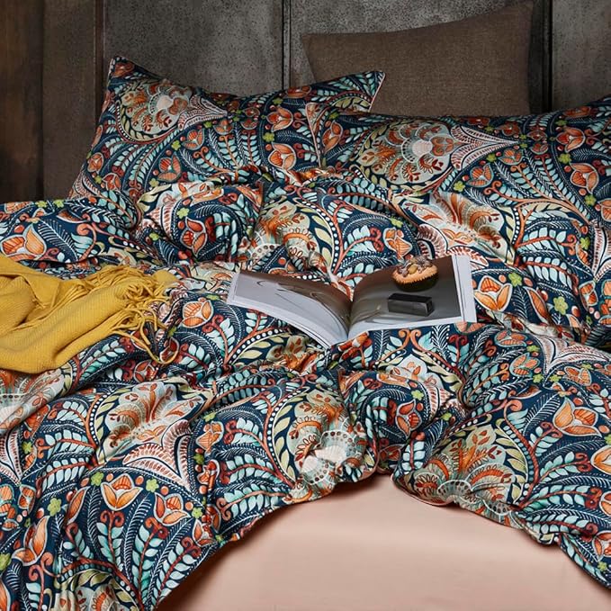 mixinni King Size Comforter Set Paisley Print 3 Pieces Boho Vibrant Colors Floral Comforter Sets Reversible Design Pink Bedding Set for All Season