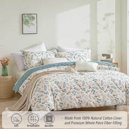 Botanical Cotton Comforter King Size - Lake Green Comforter with Dusky Blue & Warm Rust Leaves on Ivory,Reversible Lightweight Bedding Sets 3Pcs(Polka Dot)