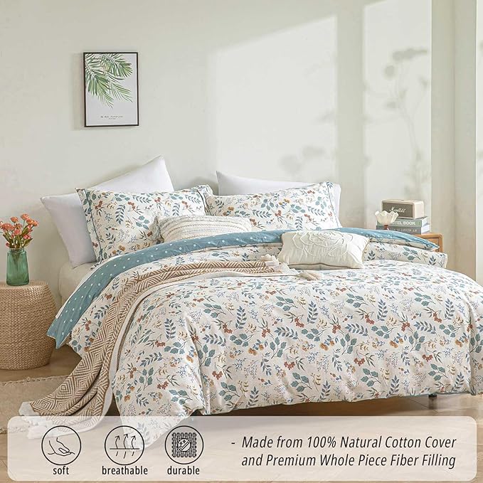 Botanical Cotton Comforter Queen Size - Lake Green Comforter with Dusky Blue & Warm Rust Leaves on Ivory,Reversible Lightweight Bedding Sets 3Pcs(Polka Dot)