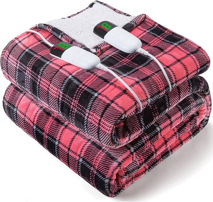 Pink Heated Blanket Electric, Queen Size 84X90, 10 Heat Levels/8 Hours Auto Off/Dual Control for Bed, Blue Plaid Checkered Sherpa Blanket Warmer for Adult, Washable Gift