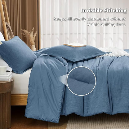 PHF Cotton Muslin Comforter Set King Size, Ultra Soft, Breathable & Lightweight All-Season, Filling: 100% Polyester, 3 Pieces with 1 Comforter 104"x90" and 2 Pillow Shams 20"x36", Captain's Blue
