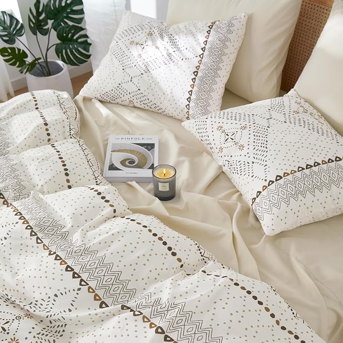 Wake In Cloud - Boho Comforter Set, Farmhouse Bohemian Western Aztec Neutral Aesthetic, Soft Lightweight Bedding, 3 Pieces, Beige, Full Size