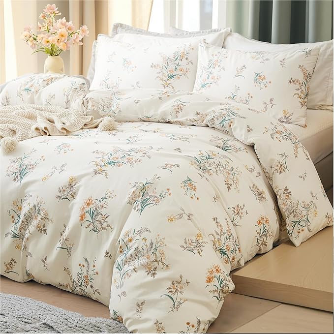 100% Cotton Comforter Queen Size Vintage Floral Bedding Set Reversible Botanical Comforter Set 3 Pcs Cottagecore Aesthetic Soft Bedding Sets for All Season