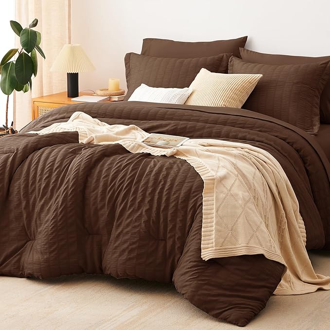 CozyLux Queen Comforter Set Brown Seersucker 7 Pieces Bed in a Bag Queen Comforter Set with Sheets, Luxury Soft Bedding Set with Down Alternative Comforter, Sheets, Pillowcases & Shams for All Seasons