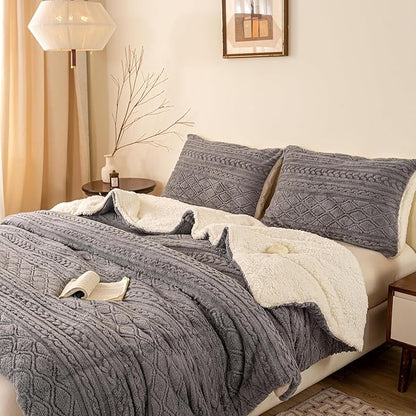 Warm Plush Sherpa Fleece Comforter Twin/Twin XL Set - Ultra-Warm Thickened Boho 3D Jacquard Softness Child Kid Bed Comforter Set Fluffy Surface for Cozy Autumn Winter Christmas Nights Grey