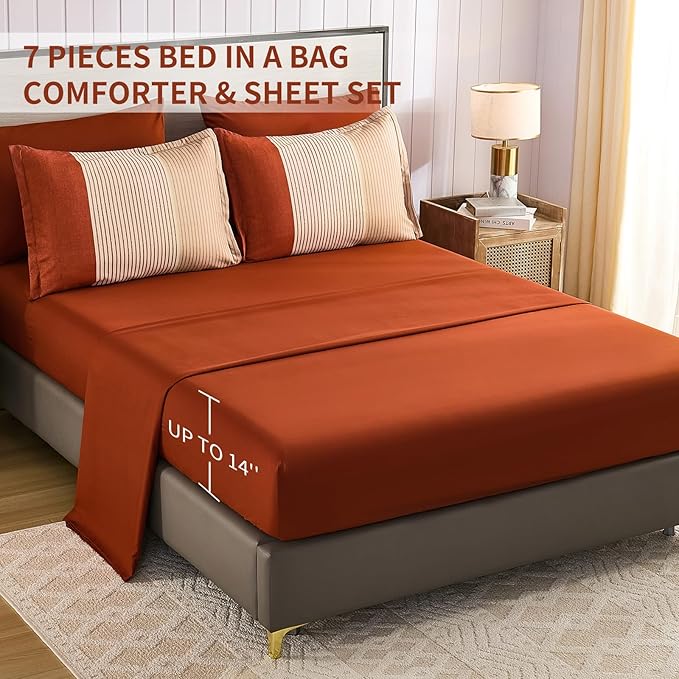 Anibedding Terracotta Queen Comforter Set 7 Pieces, Burnt Orange Bedding Comforter Set for All Season, Patchwork Striped Bed in a Bag with Sheets