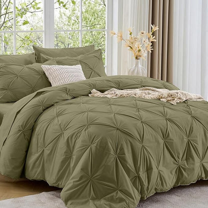 Sasttie King Size Comforter Set, 7-Piece Bed in a Bag, Pintuck Bedding Sets for All Season, Includes Comforter, Flat Sheet, Fitted Sheet, Pillowcases and Pillowshams, Olive Green