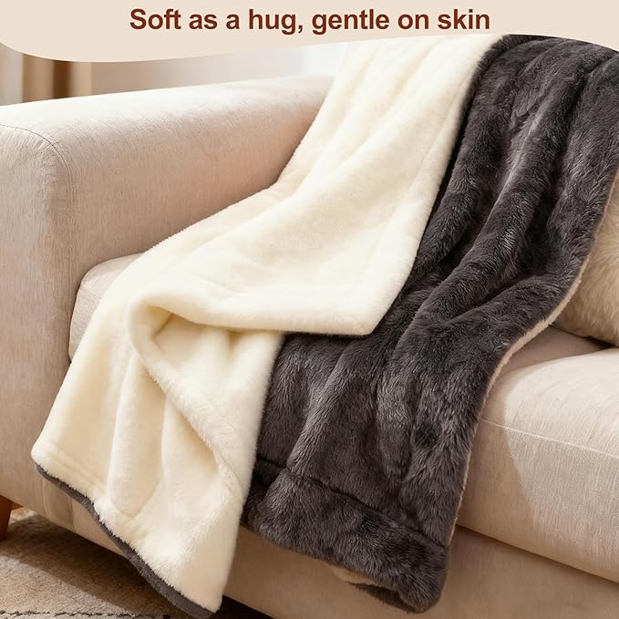Electric Heated Blanket Throw 50" x 60" Soft Dual-Sided Flannel Fast Heating 12 Heat Levels 1–12H Timer & Overheat Protection & Auto Shut-Off & Machine Washable (Milky White & Gray)