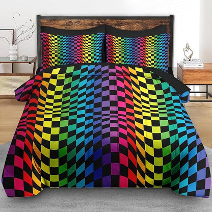 Comforter Set King Size, Rainbow Geometric Colorful 7 Pcs Bedding for Kids and Adults, Dot Pride Wavy Bed Sheet Sets with Fitted Sheet 2 Pillowcases & 2 Shams for Bedroom Bed Decor