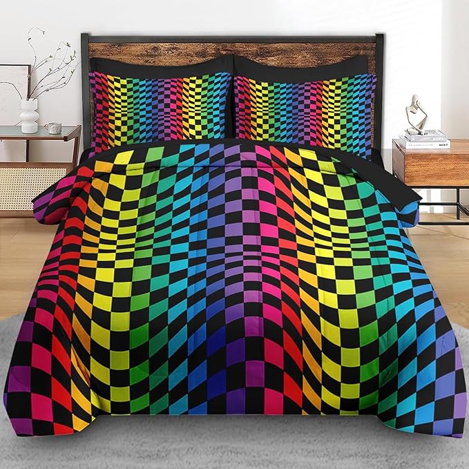 Comforter Set Full Size, Rainbow Geometric 7 Pcs Bedding for Kids and Adults, Colorful Wavy Bed Sheet Sets with Fitted Sheet 2 Pillowcases & 2 Shams for Bedroom Bed Decor