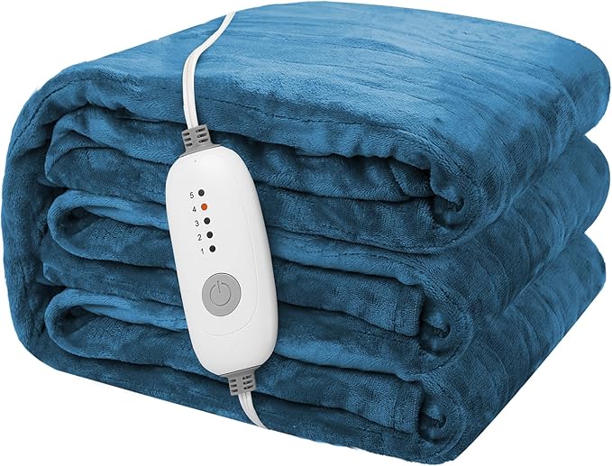 Electric Heated Blanket 62"x84" Twin Size Flannel Heated Blanket, Cozy & Warm for All Night, 5 Heat Settings & 10 Hours Auto Off, Machine Washable, Teal Blue