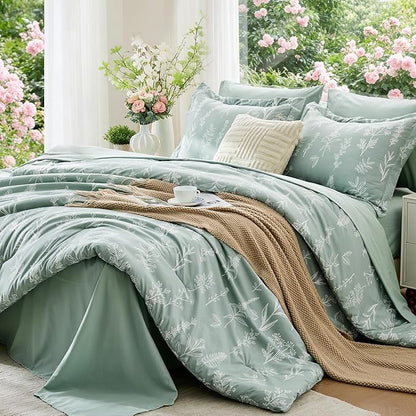 MUXHOMO Cal King Comforter Set, Sage Green Elegant Floral Print Bed in a Bag 7 Pieces, Ultra Soft & Breathable Reversible Botanical Pattern Bedding Set with Comforter, Sheets, Pillowcases, and Shams