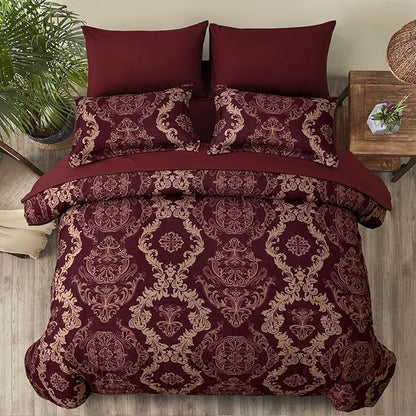 WONGS BEDDING Burgundy Comforter Set Queen Size, Maroon Damask Texture 7 Pieces Bed in a Bag Microfiber Comforter Bedding Sets -1 Comforter, 1 Flat Sheet, 1 Fitted Sheet, 2 Pillow Shams, 2 Pillowcases