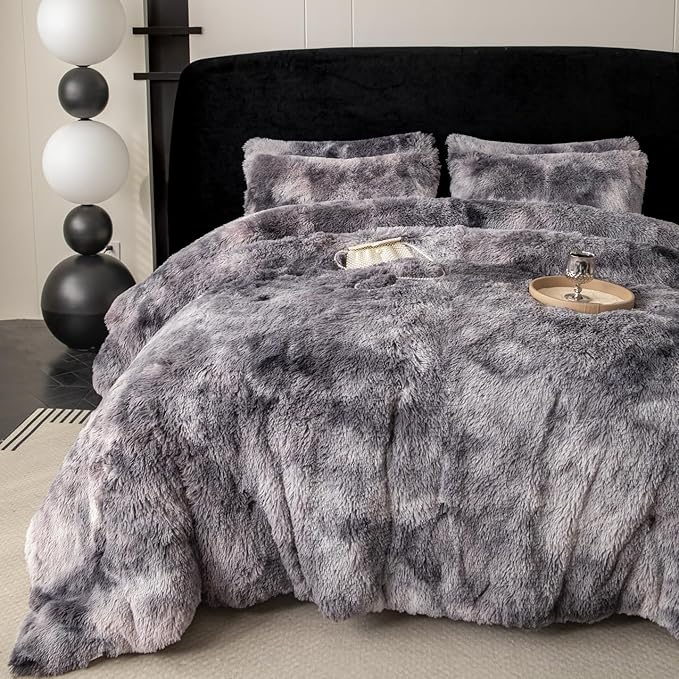 chovy Faux Fur Tie-Dyed Black Gray White Colorful Comforter Sets Queen - 3PC Bed Set Ultra Soft Plush Flannel Velvet Fluffy Fuzzy Bedding（Comforter x 1 Pillowcases x 2）