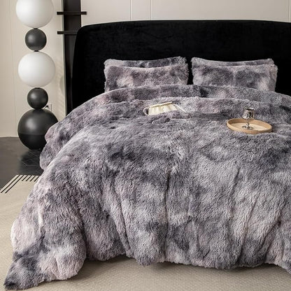 chovy Faux Fur Tie-Dyed Black Gray White Colorful Comforter Sets Queen - 3PC Bed Set Ultra Soft Plush Flannel Velvet Fluffy Fuzzy Bedding（Comforter x 1 Pillowcases x 2）
