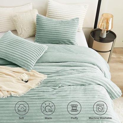 CozyLux Fluffy Queen Comforter Set - Super Soft Faux Fur Sage Green Comforter Queen Size, Winter Warm Fleece Bedding Set, 3 Pieces Plush Fuzzy Bed Set (1 Shaggy Comforter, 2 Pillowcases)