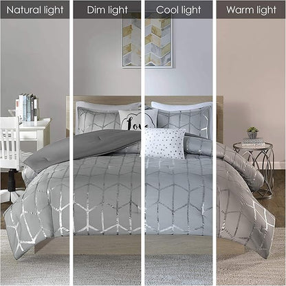Intelligent Design Raina Full/Queen Comforter Set, Soft Microfiber, Modern Geometric Metallic Bed Set, 5 Pieces College Bedding with 2 Shams, 2 Toss Pillows Grey/Silver