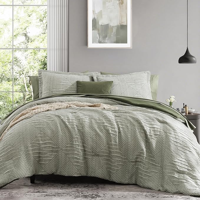 MaiRêve Queen Comforter Set Crinkle Textured, Light Olive Green Diamond Boho Bedding Set 7 Pieces Bed in A Bag, All Season Geometric Comforter Set with Sheets, Pillowcases & Shams