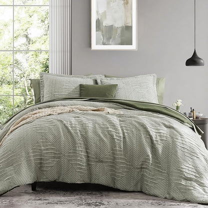 MaiRêve King Comforter Set Crinkle Textured, Light Olive Green Diamond Boho Bedding Set 7 Pieces Bed in A Bag, All Season Geometric Comforter Set with Sheets, Pillowcases & Shams