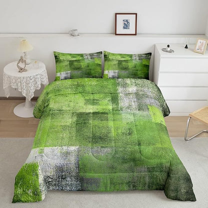Summer Watercolor Comforter Set for Kids Boys Girls,Green Grey Bedding Set Full,Mid Century Bedding Comforter Sets,Abstract Oil Painting Ombre Art Duvet Insert with 2 Pillowcases All Season
