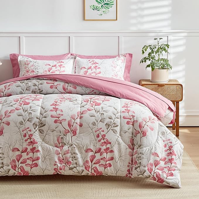 Pink Floral Comforter Sheet Set Bed in a Bag Twin Pink Gray Leaves 6 Pieces Bedding Set (1 Comforter 2 Pillow Shams 1 Flat Sheet 1 Fitted Sheet 1 Pillowcases)