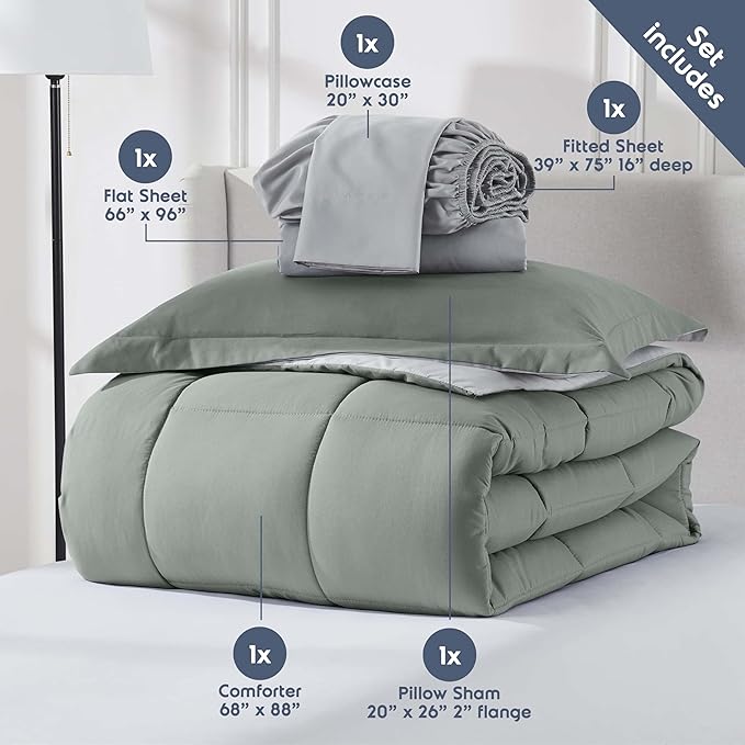 Nestl 5 Piece Twin Comforter Set – Sage Green Reversible Bed in a Bag – Complete Twin Size Bedding Set with Sheets, Pillowcase and Sham
